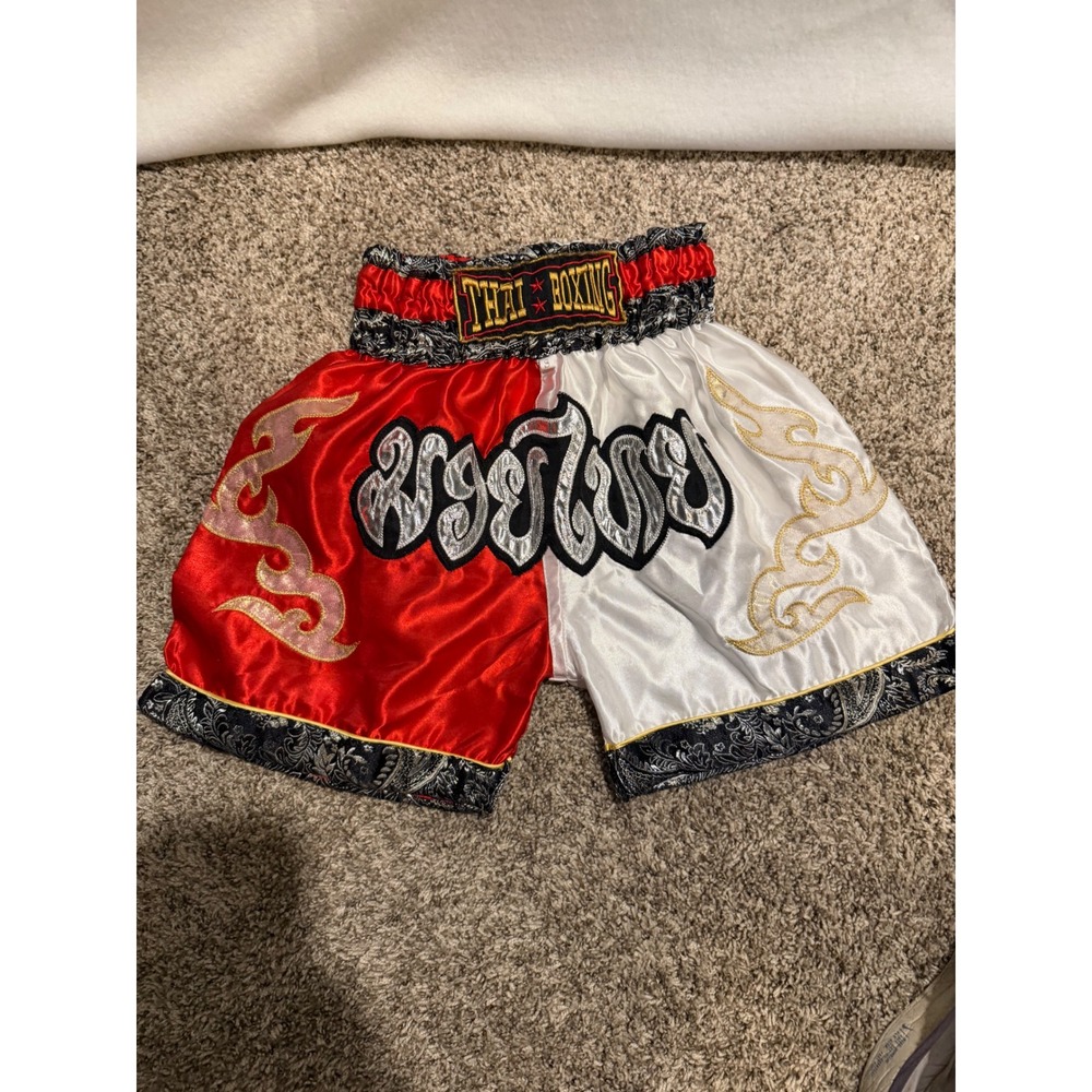 Muay Thai Boxing Shorts Small Red White Gold Embroidered Kickboxing Fight MMA